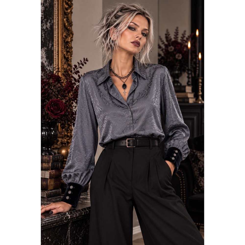 Soft Surroundings Silk Jacquard Blouse Gray Velvet Cuffs Frog Back Detail L